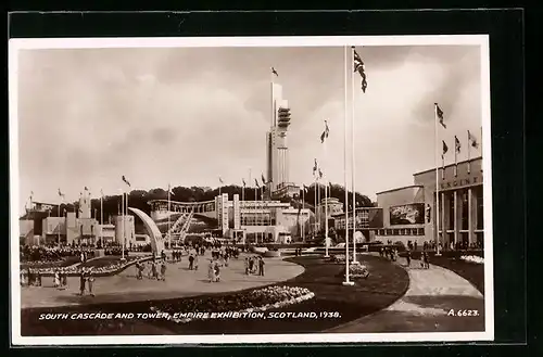 AK Glasgow, South Cascade and Tower, Empire Exhibition, Scotland 1938, Ausstellungs-Gelände