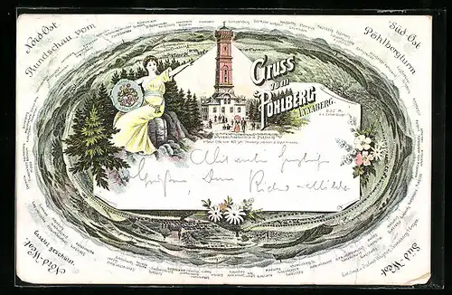 Lithographie Annaberg, Aussichtsturm auf dem Pöhlberg, Dame mit Wappen, Landkarte Umgebung aus allen Himmelsrichtungen