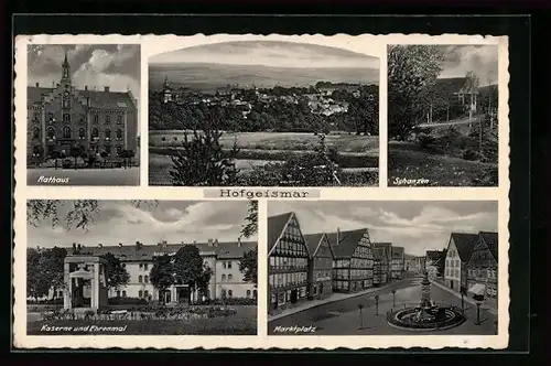 AK Hofgeismar, Generalansicht, Rathaus, Kaserne mit Ehrenmal, Schanzen, Marktplatz