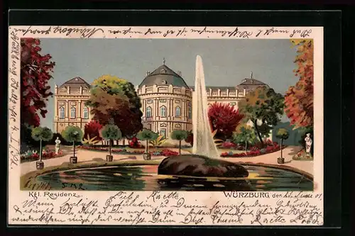 Lithographie Würzburg, Park mit Wasserspiel vor der kgl. Residenz