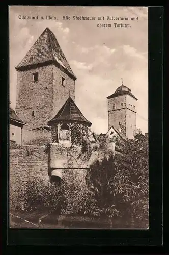 AK Ochsenfurt a. Main, Alte Stadtmauer mit Pulver- und oberem Torturm