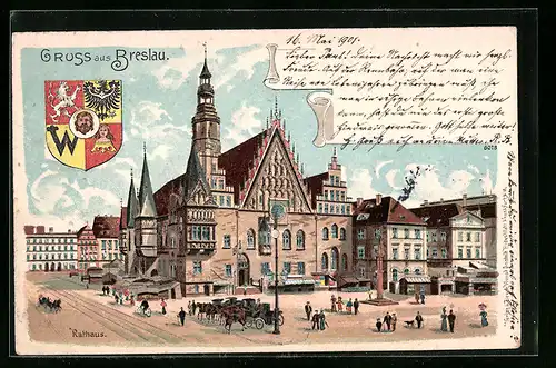 Lithographie Breslau, Rathaus mit Platz und Strasse, Droschken, Passanten, Wappen