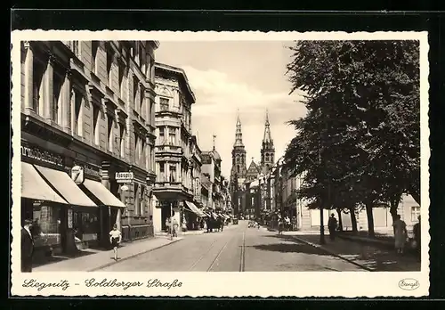 AK Liegnitz, Goldberger Strasse mit Hospiz und Kirche
