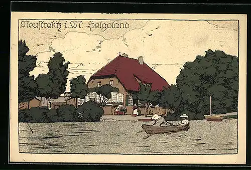 Steindruck-AK Neustrelitz i. M., Haus Helgoland mit Bootspartie