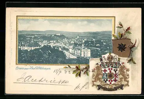 Passepartout-Lithographie Bad Wildungen, Totalansicht, Wappen