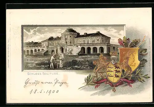 Passepartout-Lithographie Stuttgart, Partie am Schloss Solitude mit Wappen