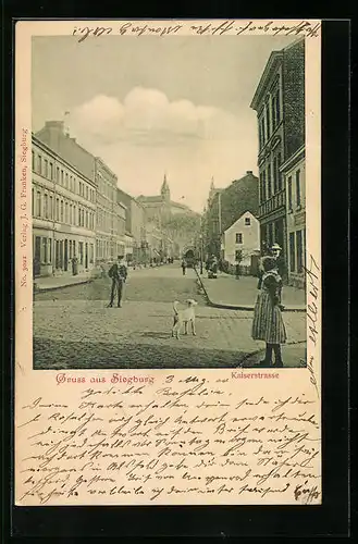 AK Siegburg, Kaiserstrasse mit Passanten, Hund und Abtei