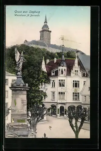 AK Siegburg, Warenhaus A. Bernards mit Denkmal und Michelsberg