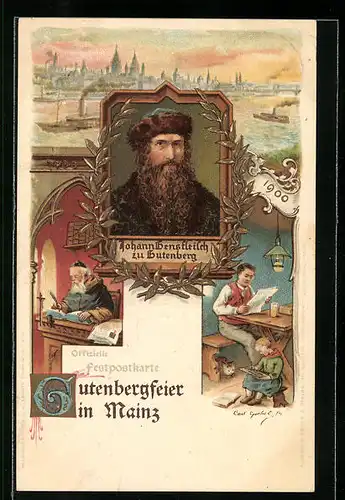 Lithographie Mainz, Ortsansicht und Porträt von zu Gutenberg zur Gutenbergfeier 1900