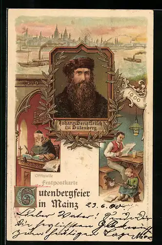 Lithographie Mainz, Ortsansicht und Porträt von zu Gutenberg zur Gutenbergfeier 1900