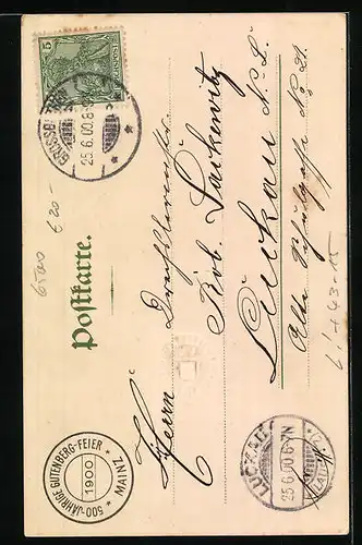 Lithographie Mainz, Ortsansicht und Porträt von zu Gutenberg zur Gutenbergfeier 1900