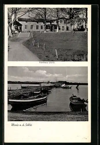AK Ulsnis a. d. Schlei, Gasthaus-Cafe Fährhaus Ulsnis O. Schlaak, Hafenansicht