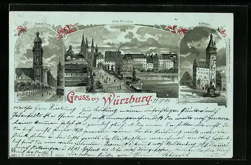 Lithographie Würzburg, Neubau-Kirche, Rathaus, Alte Brücke aus der Vogelschau