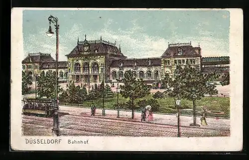 Lithographie Düsseldorf, Bahnhof mit Vorplatz und Strassenbahn