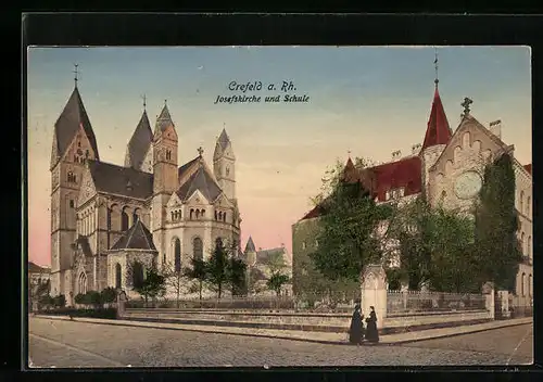 AK Crefeld a. Rh., Josephskirche und Schule mit Strasse
