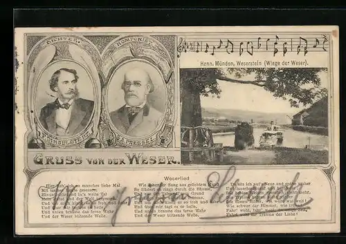 AK Hann.-Münden, Weserstein mit Dampfer, Dichter F. Dingelstedt, Komponist G. A. Pressel