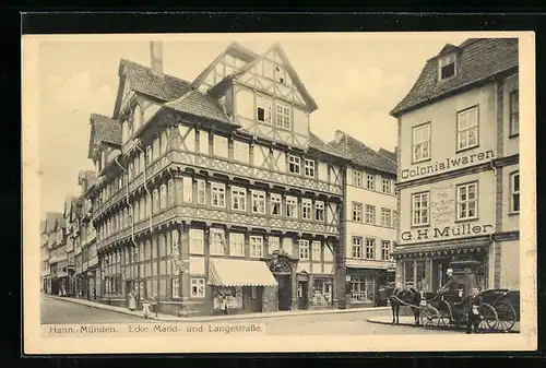 AK Hann.-Münden, Markt- und Langestrasse mit Colonialwaren von G.H. Müller