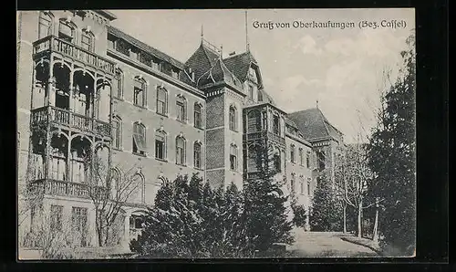 AK Oberkaufungen /Bez. Kassel, Gebäude mit Balkon-Anbauten und Turm