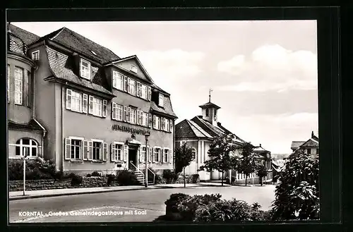 AK Korntal, Gemeindegasthaus mit Strasse und Betsaal der Brüdergemeinde