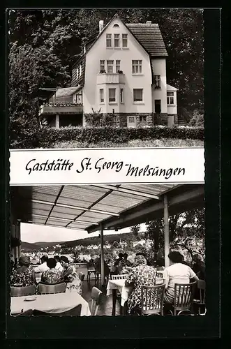 AK Melsungen, Gaststätte Pension St. Georg R. Ellenberger mit Terrasse und Ortsblick