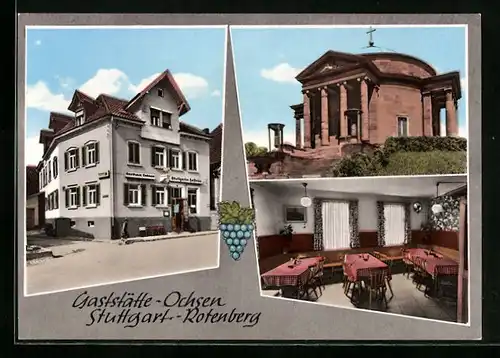 AK Stuttgart-Rotenberg, Gaststätte Ochsen mit Speiseraum, Kirche