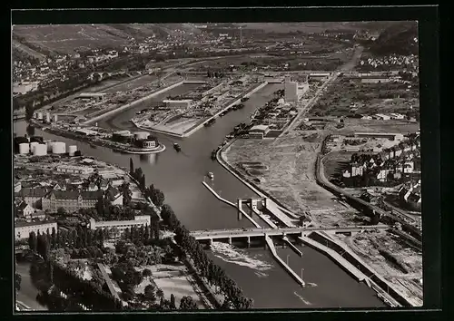 AK Stuttgart, Neckarhafen mit Brücke, Fliegeraufnahme