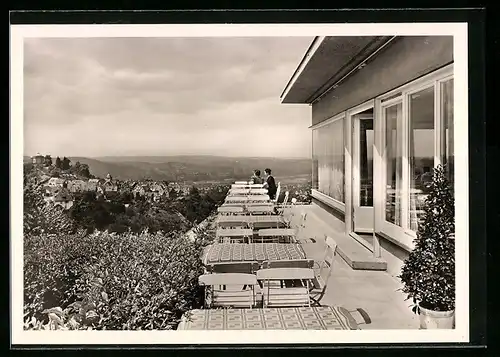 AK Stuttgart-Rotenberg, Höhengaststätte Pension Böhringer, Terrasse mit Ortsblick