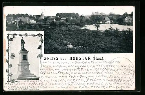 AK Munster /Han., Kriegerdenkmal, Ortsansicht mit Gewässer