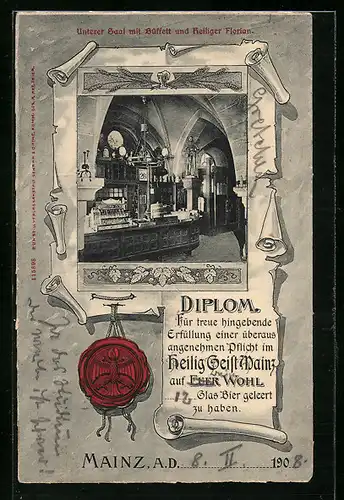 AK Mainz, Gasthaus zum Heilig Geist, Saal mit Büffett