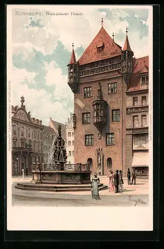 Lithographie Nürnberg, Brunnen vor dem Nassauer Haus