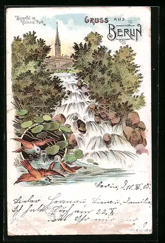 Lithographie Berlin-Kreuzberg, Wasserfall im Victoria-Park