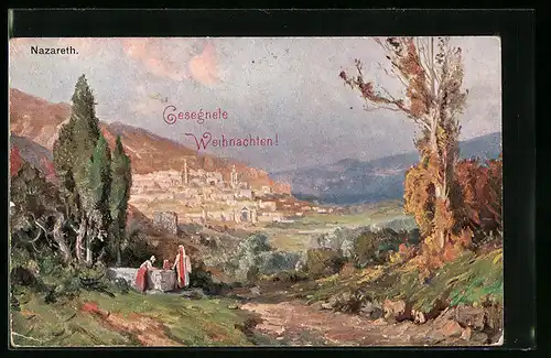 Künstler-AK Nazareth, Ortsansicht mit Paar an einem Brunnen