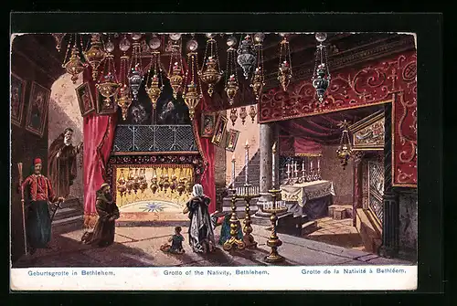 AK Bethlehem, Geburtsgrotte mit Betenden