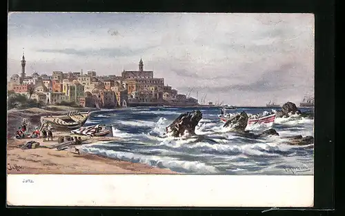 Künstler-AK Jaffa, Ortsansicht mit Strand und Booten