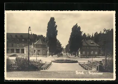 Foto-AK Bad Saarow, Ortspartie mit Springbrunnen