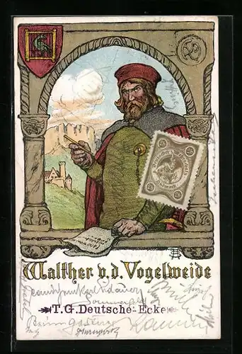 Künstler-AK Porträt Minnesänger Walther von der Vogelweide, Wappen
