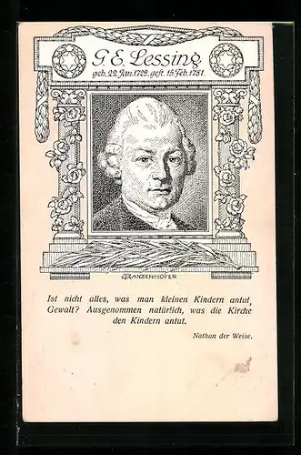 Künstler-AK Portrait des Dichters Gotthold Ephraim Lessing, Zitat aus Nathan der Weise