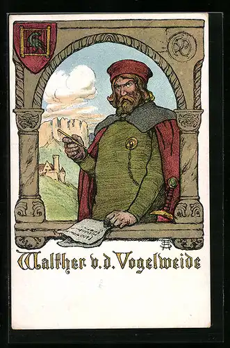 Künstler-AK Mittelalterliche Zeichnung von Walther v. d. Vogelweide