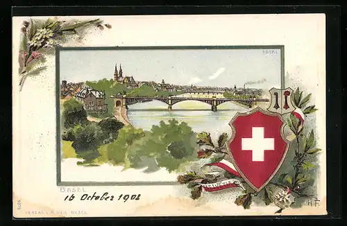 Präge-Lithographie Basel, Totalansichte mit Brücken, Wappen