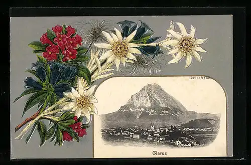 AK Glarus, Totalansicht, Alpenblumen