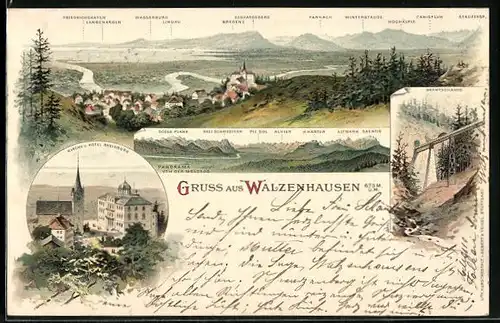 Lithographie Walzenhausen, Kirche und Hotel Rheinburg, Drahtseilbahn, Totalansicht mit Rhein und Bodensee