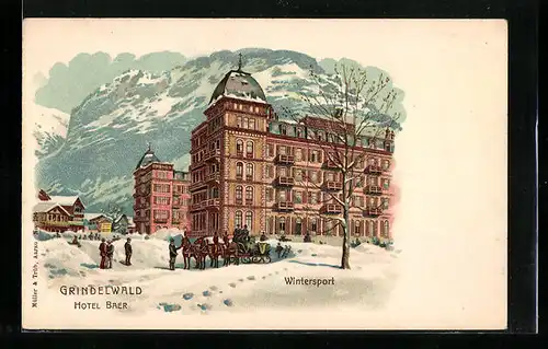 Lithographie Grindelwald, Pferdeschlitten vor dem Hotel Baer, Wintersport