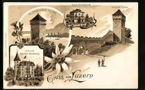 Lithographie Luzern, Pension Schloss Bramberg im Dämmerungslicht, Allenwinden Turm, Villa Friedheim