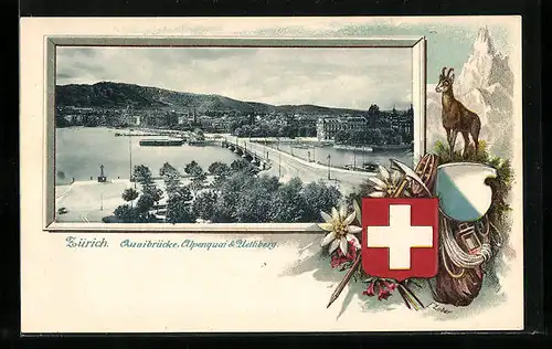 Präge-Lithographie Zürich, Quaibrücke, Alpenquai und Uetliberg, Wappen mit Bergsteigerausrüstung