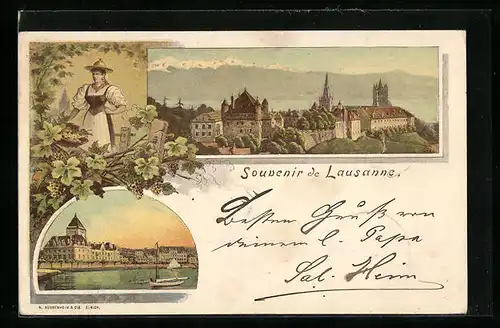 Lithographie Lausanne, Panorama, Hafenpartie