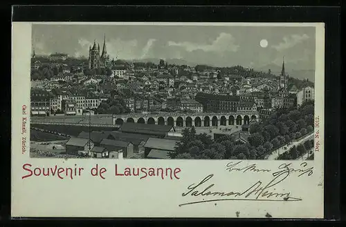 Lithographie Lausanne, Totalansicht in einer Vollmondnacht