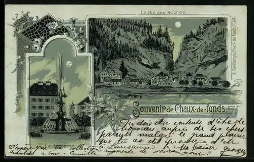 Lithographie La Chaux-de-Fonds, La Fontaine, Le col des Roches