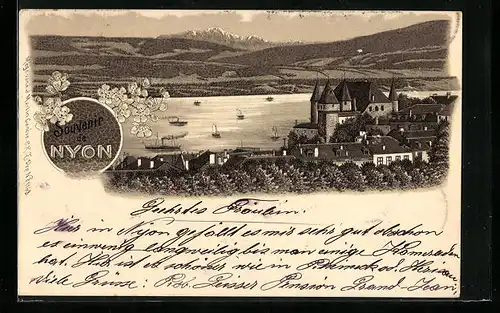 Lithographie Nyon, Ortspartie aus der Vogelschau