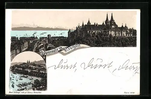 Lithographie Neuchâtel, Teilansicht, Uferpartie