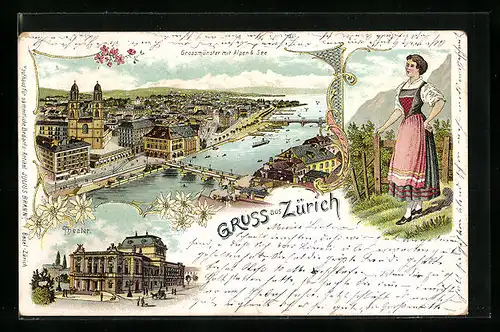 Lithographie Zürich, Grossmünster mit Alpen & See, Theater, Frau in Tracht